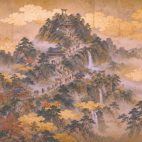 Le Mont Sacré - fresque panoramique carte ancienne : pèlerinage vers une montagne sacrée, temples, torii et cascades dans la bru