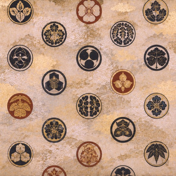 Le Semis de Blasons - fresque panoramique carte ancienne : blasons circulaires kamon géométriques et végétaux en semis, légère f