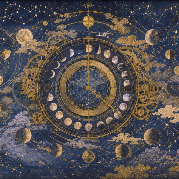 L'Almanach Lunaire - fresque panoramique carte ancienne : carte stellaire et calendrier lunaire à engrenages, phases de lune et