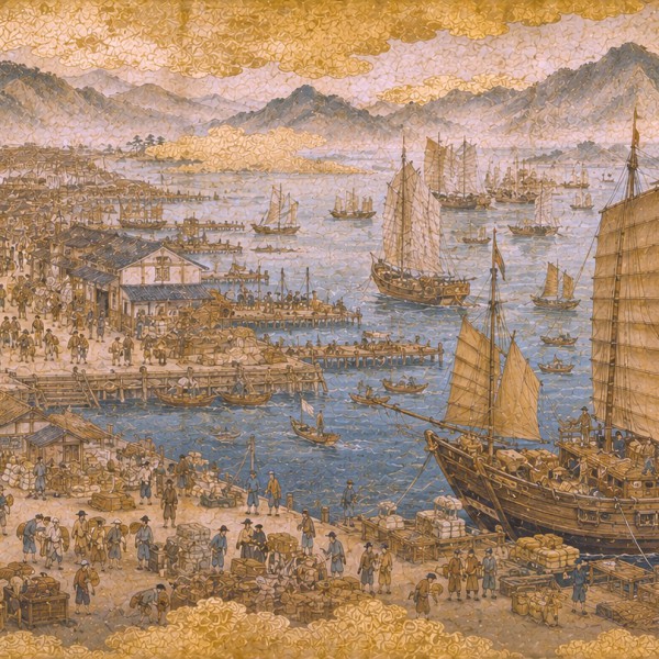 Le Port Marchand - fresque panoramique carte ancienne : jonques à quai, entrepôts de bois et marchands sous des nuages dorés sur