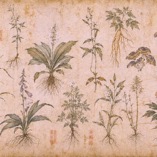 L'Herbier Ancien - fresque panoramique carte ancienne : plantes médicinales et fleurs sauvages avec leurs racines, inscriptions