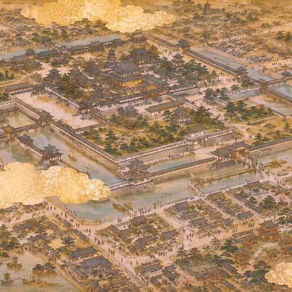 La Cité Impériale - fresque panoramique carte ancienne : cité impériale en plan cavalier, palais, jardins, douves et pagodes voi