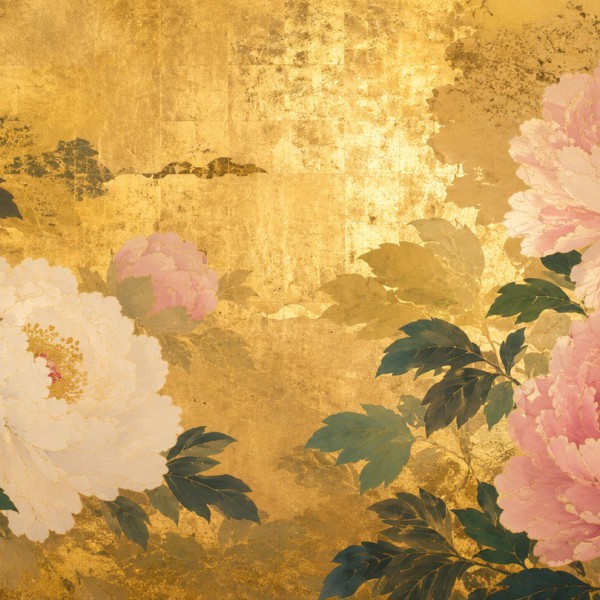 Pivoines rinpa dorées – fresque panoramique botanique : grandes pivoines en aplats cernés sur fond de feuille d'or patinée, pale