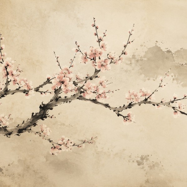 Prunier en fleurs à l'encre – fresque panoramique botanique : branche au trait calligraphique et fleurs suggérées dans un grand 
