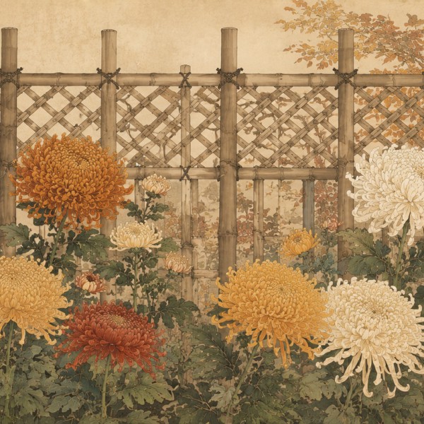 Chrysanthèmes et bambou - fresque panoramique botanique : massif de chrysanthèmes en aplats devant une clôture de bambou tressé,