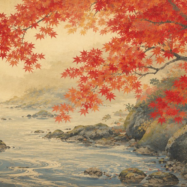 Érables rouges et ruisseau - fresque panoramique botanique : érables japonais aux feuilles écarlates surplombant un ruisseau sty