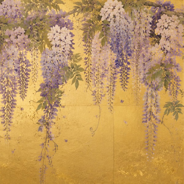 Glycine sur paravent d'or - fresque panoramique botanique : grappes de glycine en cascade et vrilles calligraphiques sur fond de