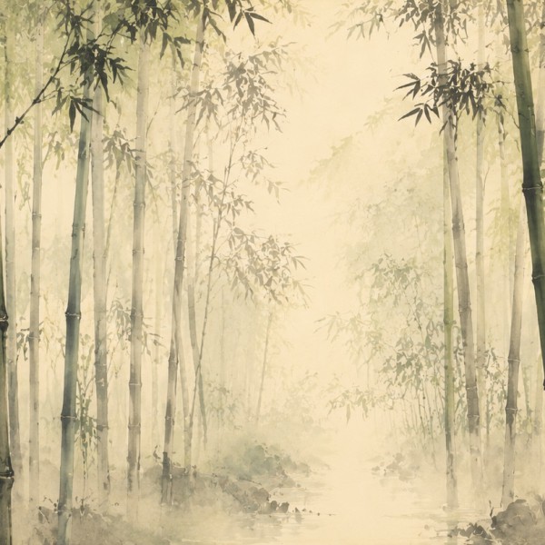 Bambouseraie en lavis - fresque panoramique botanique : cannes de bambou verticales et brume dans un lavis sumi-e, grand vide lu