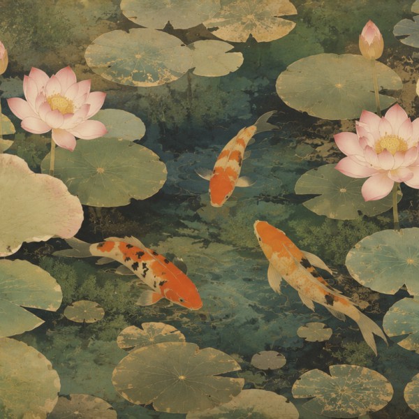 Nénuphars et carpes koï - fresque panoramique botanique : bassin de nénuphars, fleurs de lotus dressées et carpes koï glissant s