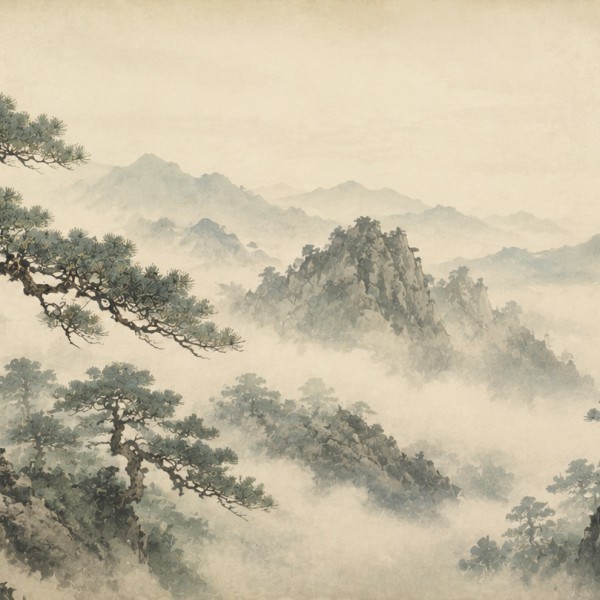 Pins tordus dans la brume – fresque panoramique botanique : pins japonais calligraphiques et montagnes estompées dans une brume 