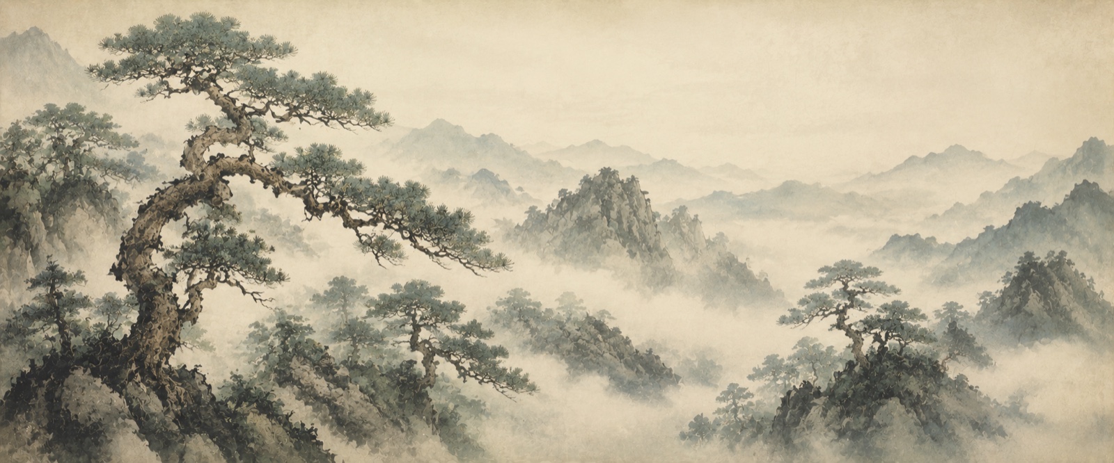 Pins tordus dans la brume
