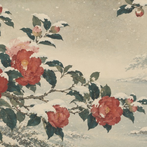 Camélias sous la neige - fresque panoramique botanique : branches de camélias rouges et roses au trait fin sous des aplats de ne