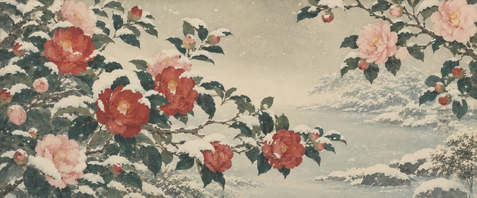Camélias sous la neige