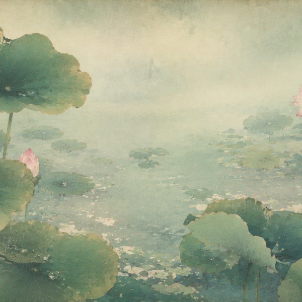 Lotus sacré - fresque panoramique botanique : grandes feuilles de lotus dressées et fleurs roses sur un vide aquatique, palette