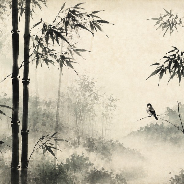 Bambous noirs et oiseaux - fresque panoramique botanique : forêt de bambous en lavis sumi-e contrasté, oiseaux perchés et brume,