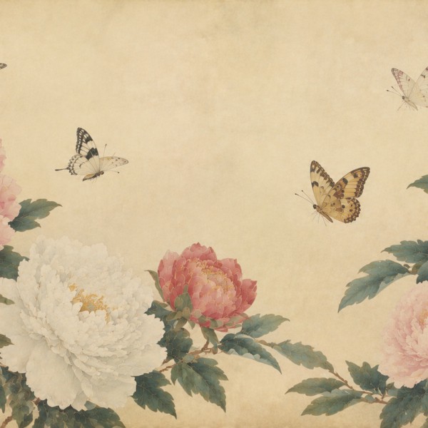 Pivoines et papillons – fresque panoramique botanique : planche nihonga de pivoines rose et blanc et papillons délicats sur fond