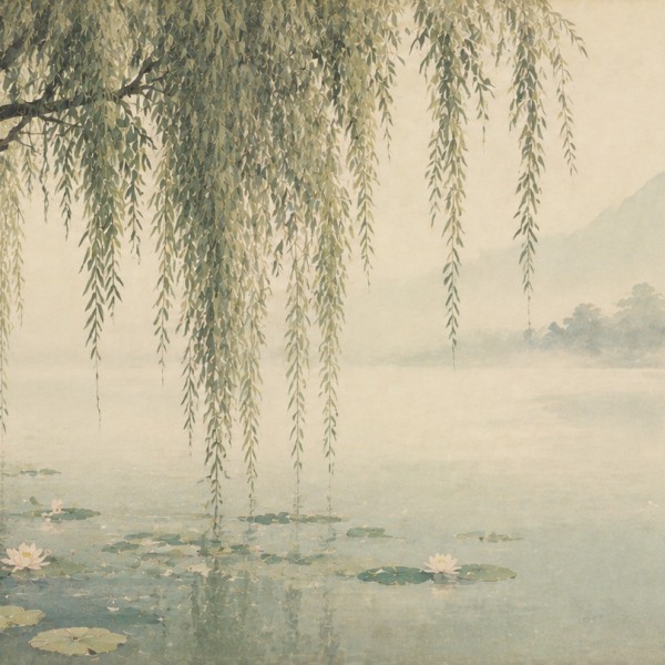 Saule pleureur et étang – fresque panoramique botanique : rameaux calligraphiques tombants au-dessus d'un étang aux nénuphars so