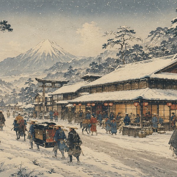 Relais sous la neige – fresque panoramique de voyage : relais de poste animé sur une route japonaise enneigée, auberges de bois,