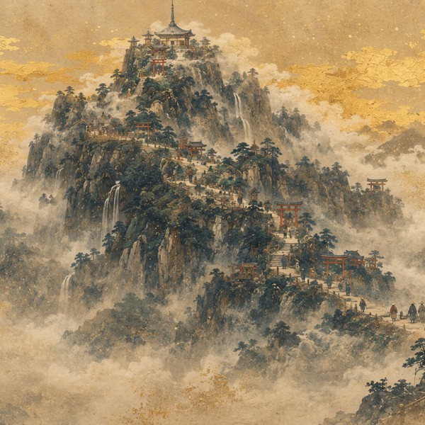 Mont sacré dans la brume - fresque panoramique de voyage : mont de pèlerinage imaginaire étagé de torii, temples et cascades, pè
