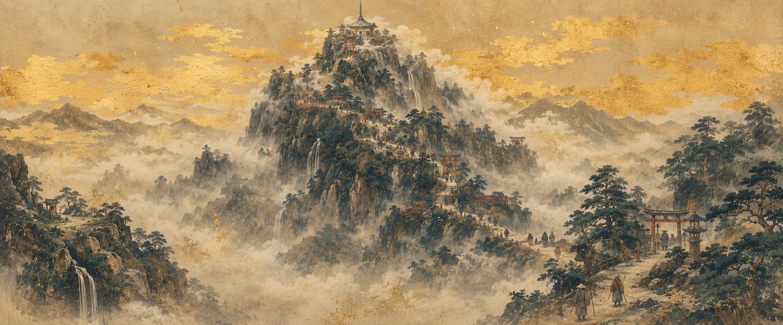 Mont sacré dans la brume