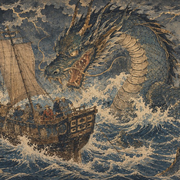 Dragon des mers - fresque panoramique de voyage : un dragon surgissant des vagues autour d'un navire sous l'orage, palette de bl