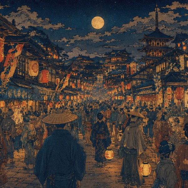 Marché nocturne - fresque panoramique de voyage : une ruelle d'échoppes et de lanternes de papier animée d'une foule sous la lun