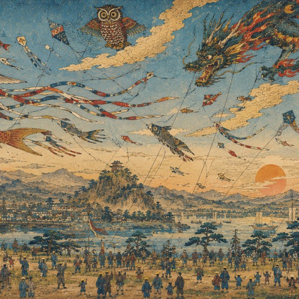 Cerfs-volants géants - fresque panoramique de voyage : un ciel de fête empli de carpes, dragons et oiseaux de papier au-dessus d