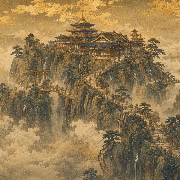 Temple dans les nuages – fresque panoramique de voyage : un temple accroché à une falaise dans une mer de nuages, escaliers et p
