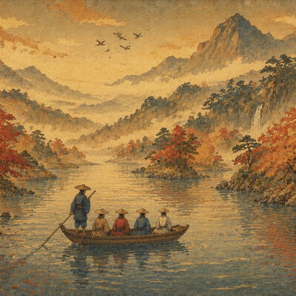 Barque aux érables d'automne - fresque panoramique de voyage : descente d'un fleuve bordé d'érables flamboyants et de montagnes