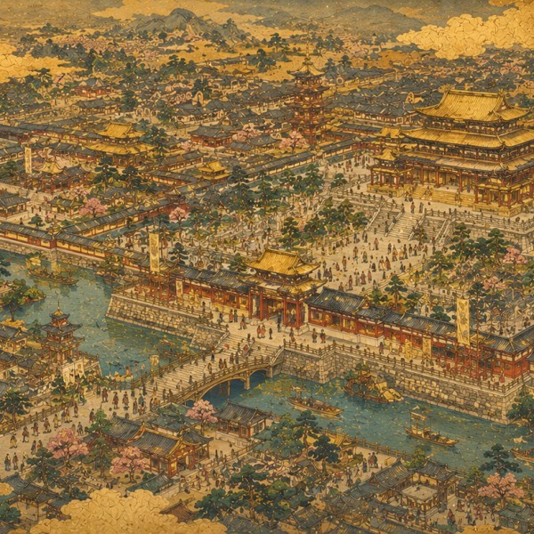 Cité aux toits d'or - fresque panoramique de voyage : cité impériale imaginaire à vol d'oiseau, toits dorés, jardins et nuages p