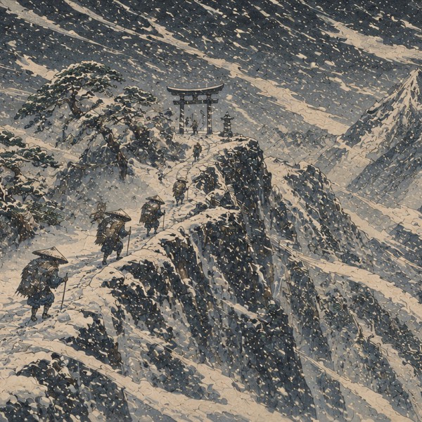 Tempête de neige au col – fresque panoramique de voyage : voyageurs sur un col escarpé sous la neige tourbillonnante, pins pliés