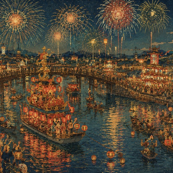 Festival de la rivière - fresque panoramique de voyage : festival nocturne au bord de l'eau, chars, lanternes, feux d'artifice e