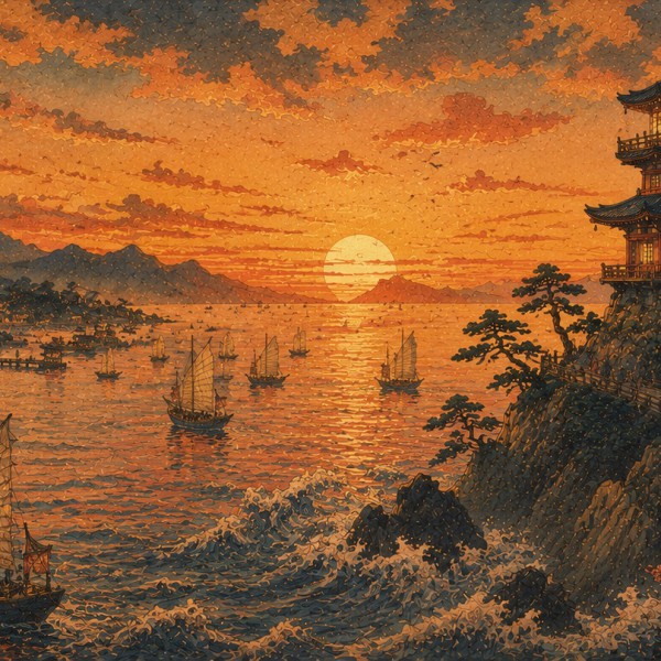 Phare-pagode au crépuscule – fresque panoramique de voyage : phare en pagode sur un promontoire, jonques et voiliers au pied d'u