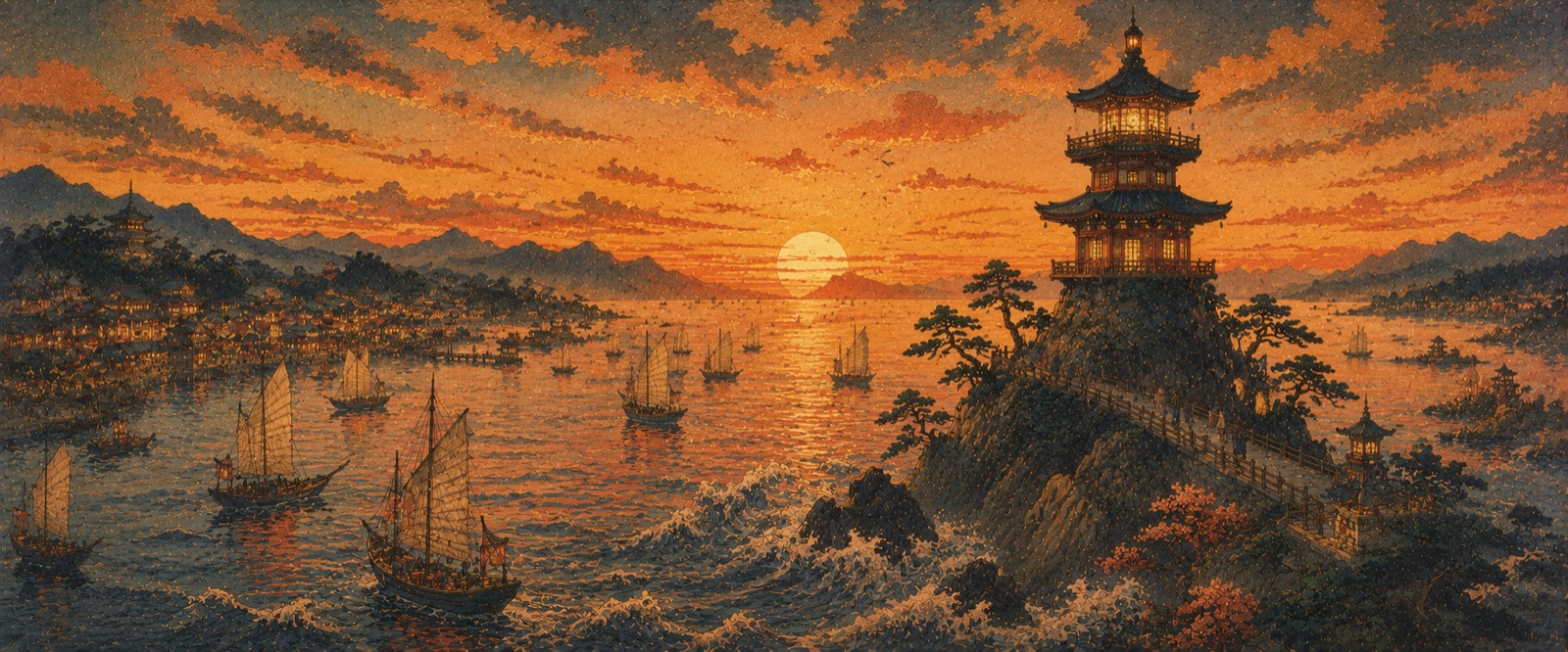 Phare-pagode au crépuscule