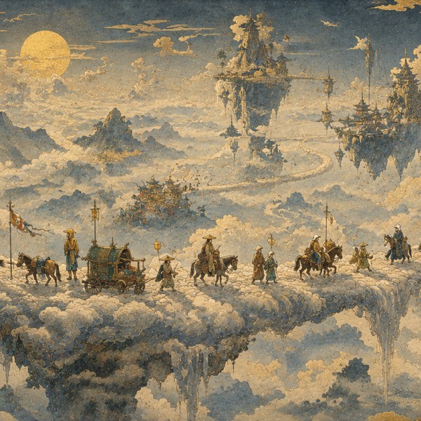 Pont de nuages des monts – fresque panoramique de voyage : procession de voyageurs sur un pont de nuages entre deux monts sacrés