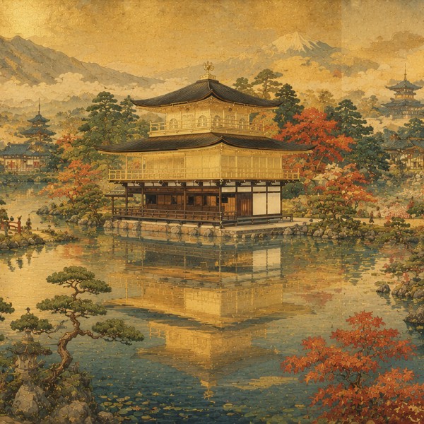 Pavillon d'or sur l'étang – fresque panoramique de voyage : pavillon de bois doré reflété dans un étang, ponts courbes rouges, é
