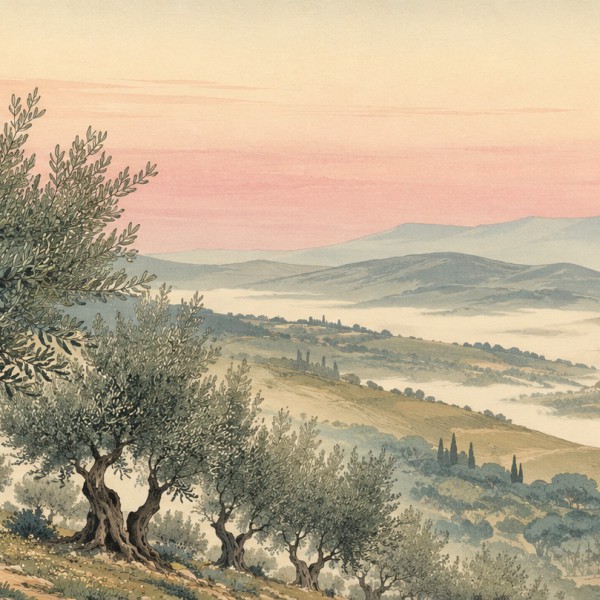 Oliveraie en estampe - fresque panoramique de Provence : oliviers noueux cernés d'un trait fin, collines étagées dans la brume e