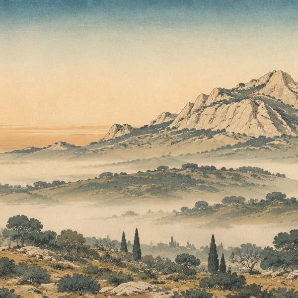 Alpilles façon Fuji – fresque panoramique de Provence : crête calcaire asymétrique au loin, garrigue et cyprès en silhouettes, b