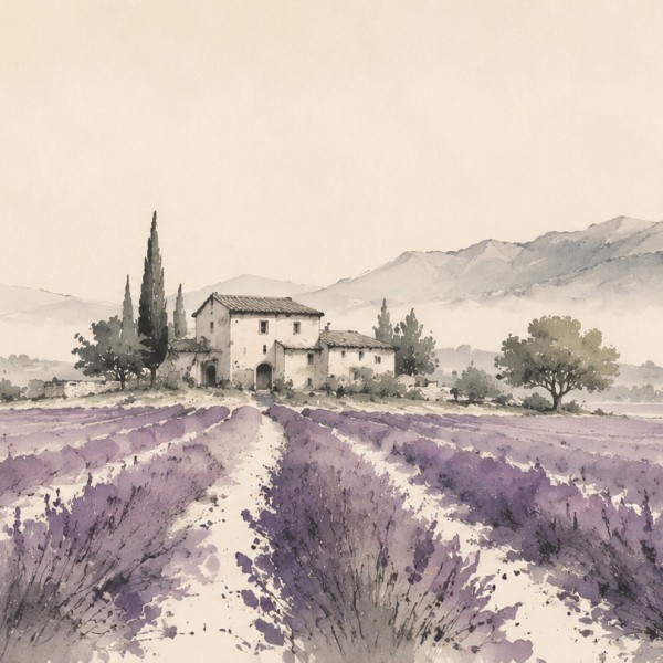 Lavande en lavis - fresque panoramique de Provence : champ de lavande suggéré au lavis d'encre sumi-e, mas esquissé et montagnes