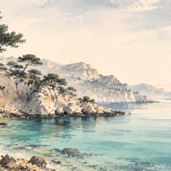 Calanque à l'encre - fresque panoramique de Provence : calanque méditerranéenne en lavis sumi-e, falaises en aplats, pins callig
