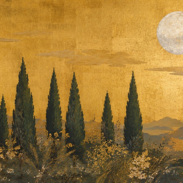 Cyprès sous la lune - fresque panoramique de Provence : cyprès provençaux sur fond de feuille d'or patinée à la manière rinpa, l