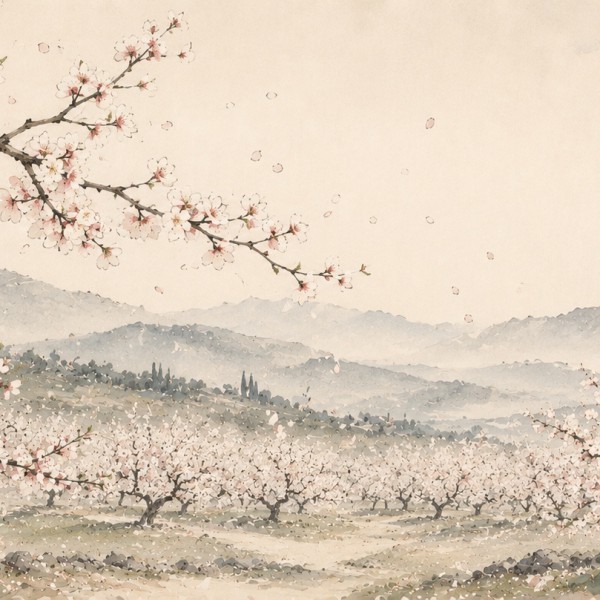 Amandiers en estampe – fresque panoramique de Provence : verger d'amandiers en fleurs façon estampe japonaise, branches calligra