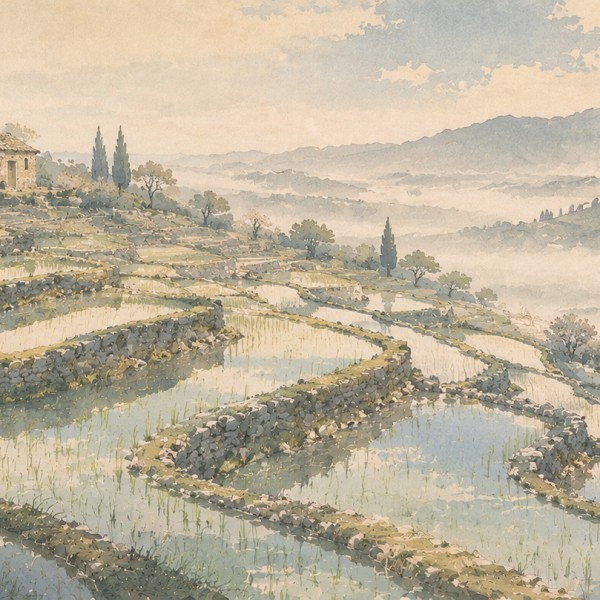 Restanques étagées – fresque panoramique de Provence : restanques provençales relues en rizières en terrasses japonaises, murets
