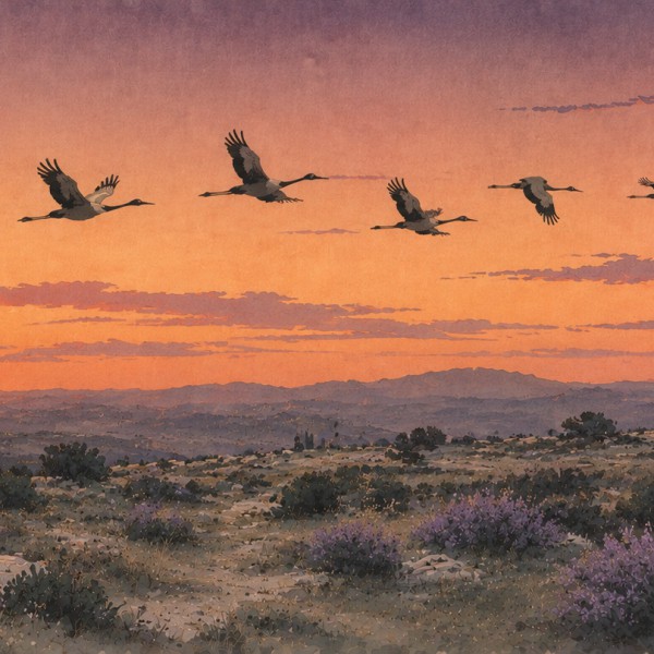 Garrigue et grues - fresque panoramique de Provence : plateau de garrigue au crépuscule, vol de grues stylisées et soleil bas, p