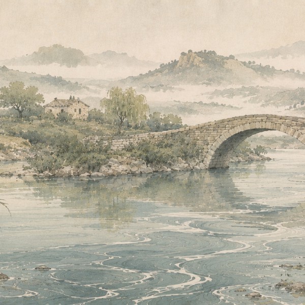 Pont en dos d'âne – fresque panoramique de Provence : pont de pierre enjambant une rivière, roseaux et saules calligraphiques da