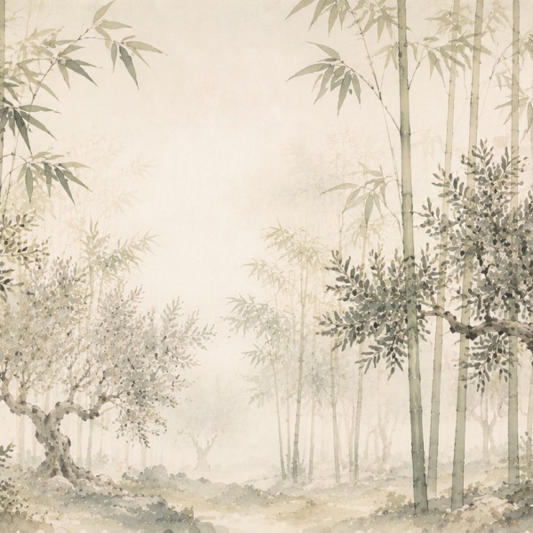 Bambous et oliviers - fresque panoramique de Provence : bosquet mêlant bambous au trait vif et oliviers noueux en lavis sumi-e,