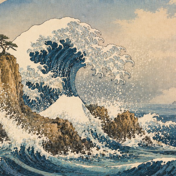 Grande vague sur la côte - fresque panoramique de Provence : grande vague stylisée façon Hokusai battant une côte de rochers ocr