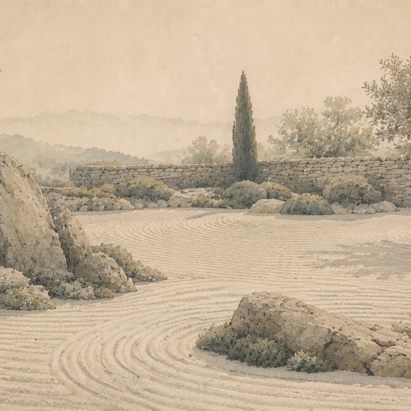 Jardin sec et oliviers - fresque panoramique de Provence : graviers ratissés, rochers et oliviers taillés en composition asymétr