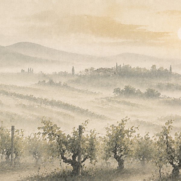 Brume sur les vignes - fresque panoramique de Provence : rangs de ceps étagés s'estompant dans la brume de l'aube, soleil voilé,