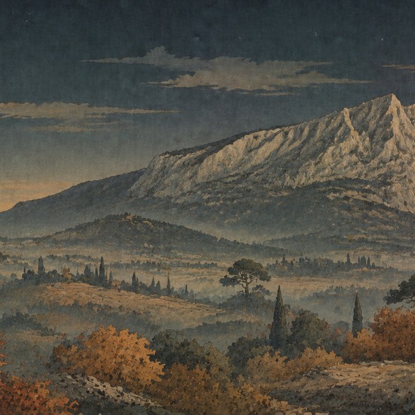 Lune sur Sainte-Victoire - fresque panoramique de Provence : montagne en aplat sous une lune d'automne, érables roux stylisés au